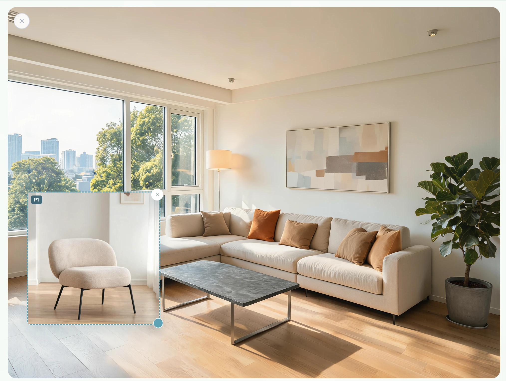 AI scene compose preview showing products being placed into a commercial ecommerce scene with matched lighting and perspective